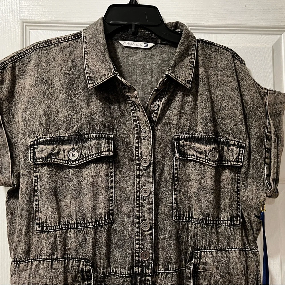 NWT G. Kale Women PXL Faded Black Denim Button-Down Jumpsuit 100% Cotton Pockets